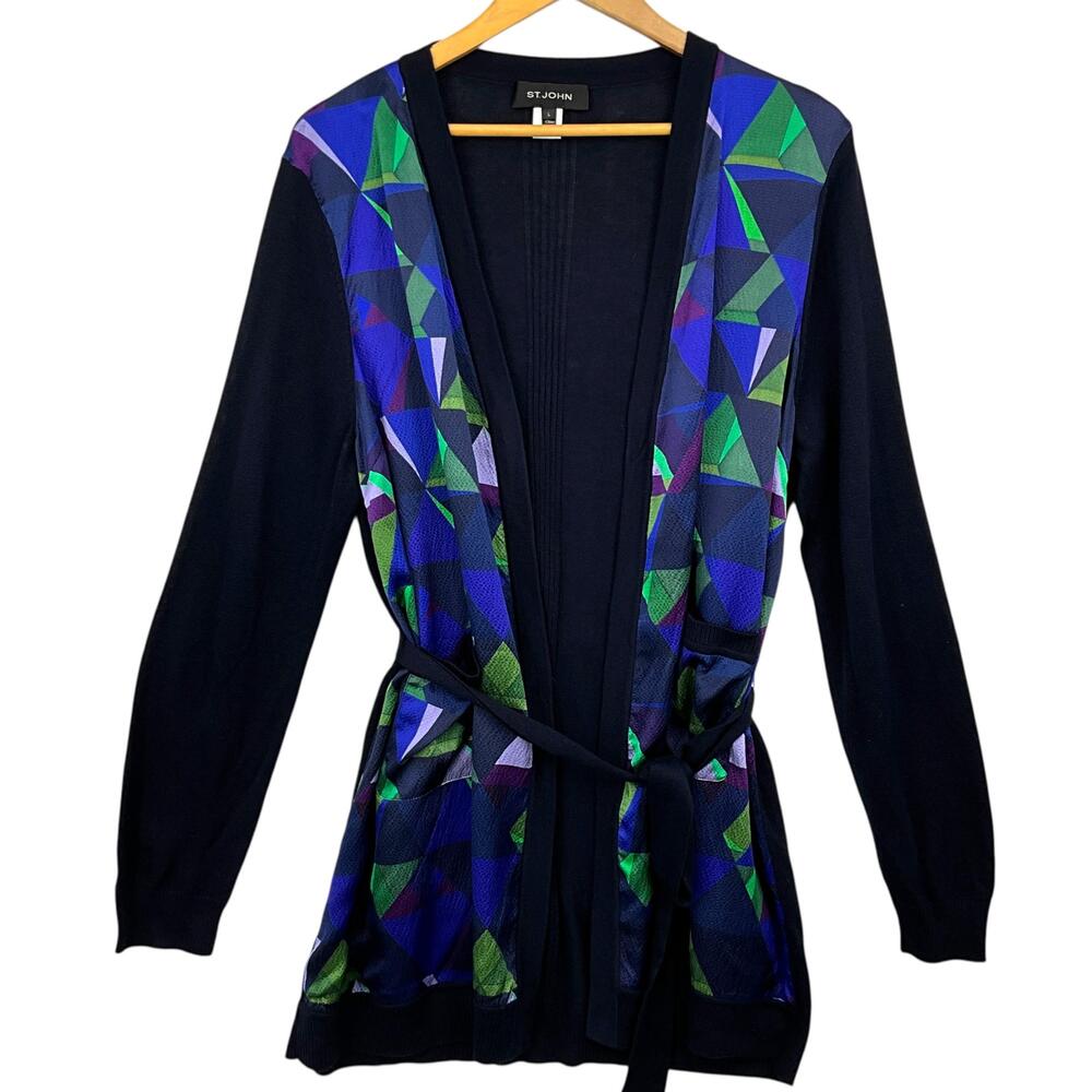 St. John Cardigan Sweater Womens Large Blue Geometric Belted Open Front Knit